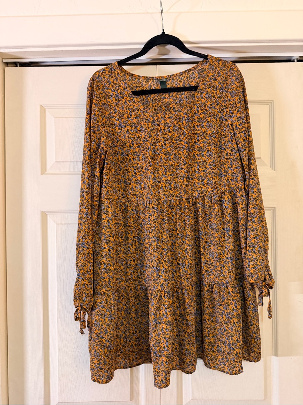 Floral Long-Sleeve Smock Dress in Mustard